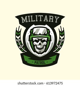 Logo, emblem, military theme. Skull, helmet, glasses, soldier, ammunition. Vector illustration, printing on T-shirts