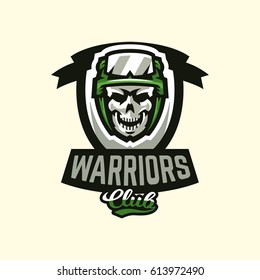 Logo, emblem, military theme. Skull, helmet, glasses, soldier, ammunition. Vector illustration, printing on T-shirts