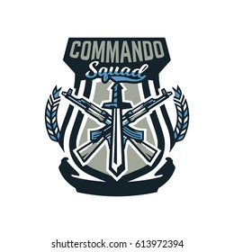 Logo, emblem, military weapons, machine guns. Vector illustration, printing on T-shirts