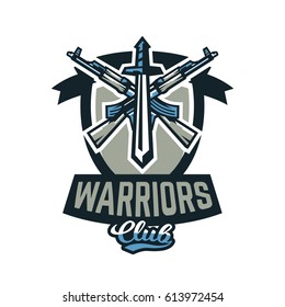 Logo, emblem, military weapons, machine guns. Vector illustration, printing on T-shirts