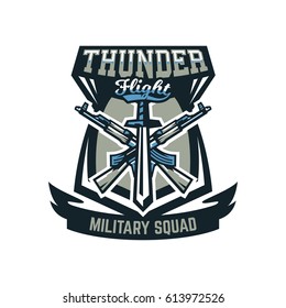Logo, emblem, military weapons, machine guns. Vector illustration, printing on T-shirts