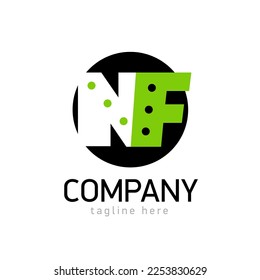 Logo-Emblem Monogram NF. Buchstabe N F in schwarzem Kreis. Weiß und Grün, Design-Element für Identitätsfirma. Vektorsymbol einzeln auf weißem Hintergrund.