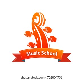 Logo Emblem For Music School With Illustration Of Fiddle's Head Or Cello.