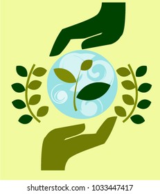 logo, emblem of nature conservation, ecology, take care of nature, human hands protect nature. vector illustration