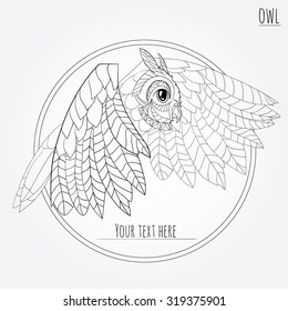 logo, emblem owl. wisdom. line drawing. flight. coloring page