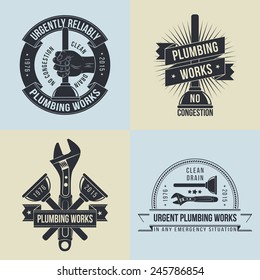 Logo, Emblem Of Plumbers  In Old-school Style - 4 Different Versions. Force Cup, Wrench, Hand With Plunger.