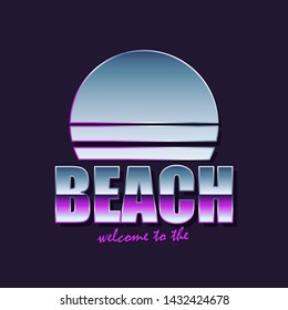 Logo, emblem, poster in vintage, retro style. Futuristic background the 80`s. Cyberpunk style sun. New retro wave. Vector illustration.