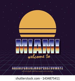 Logo, emblem, poster in vintage style, retro wave. The main and auxiliary font and color gradient of sunset. Background in the style of the 80s. The concept of creating backgrounds.
