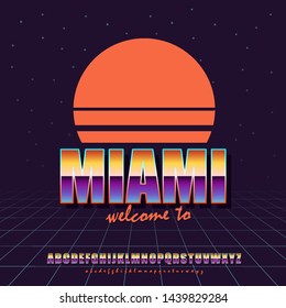 Logo, emblem, poster in vintage style, retro wave. The main and auxiliary font and color gradient of sunset. Background in the style of the 80s. The concept of creating backgrounds.