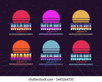 Logo, emblem, poster in vintage style, retro wave. The main and auxiliary font and color gradient of sunset. Background in the style of the 80s. The concept of creating backgrounds.