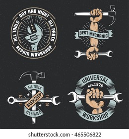 Logo, emblem repair workshop with hands and tools in a vintage, retro style on a black background. Textures on separate layers.