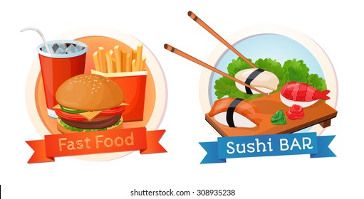 Logo, emblem, restaurant, food delivery, fast food, Japanese food, sushi, burger, menu