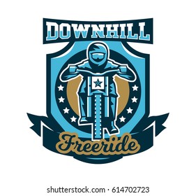 Logo, emblem of the rider riding a mountain bike. Downhill, freeride, extreme sport. Vector illustration.