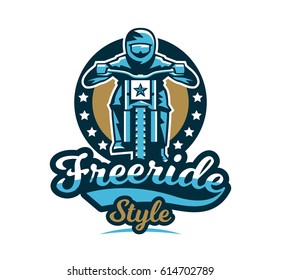 Logo, emblem of the rider riding a mountain bike. Downhill, freeride, extreme sport. Vector illustration.