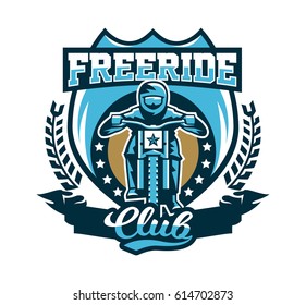 Logo, emblem of the rider riding a mountain bike. Downhill, freeride, extreme sport. Vector illustration.