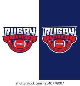 Logo emblem of rugby competition. rugby emblem on the background of circle. Sports club, team logo template. Badge, icon, ball, shield. Isolated vector illustration.