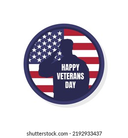 Logo or emblem in the shape of a circle of the USA flag, soldiers are saluting as a veteran symbol and veterans day text.