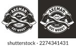 Logo, emblem with sharp axe of lumberjack and axeman. Hatchet or ax for woodworker and logger. Chop tool for print design