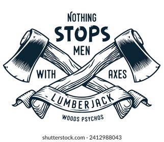 Logo, emblem with sharp axe of lumberjack and axeman. Hatchet or ax for woodworker and logger. Chop tool for print design