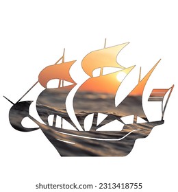 Logo or emblem of a ship sailing in the middle of the ocean with a sunset photo texture