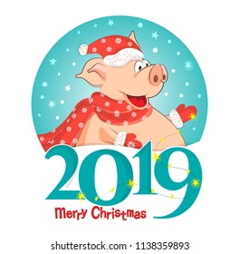 The logo, emblem, sign 2019 Pigs-a symbol of the Chinese new 2019. For posters, banners, postcards, sales and other winter events. Style of comics, cartoons. Vector illustration with happy New year