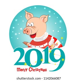 The logo, emblem, sign 2019 Pigs-a symbol of the Chinese new 2019. For posters, banners, postcards, sales and other winter events. Style of comics, cartoons. Vector illustration with happy New year