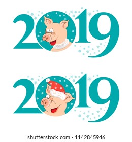 The logo, emblem, sign 2019 Pigs-a symbol of the Chinese new 2019. For posters, banners, postcards, sales and other winter events. Style of comics, cartoons. Vector illustration with happy New year
