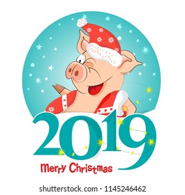 The logo, emblem, sign 2019 Pigs-a symbol of the Chinese new 2019. For posters, banners, postcards, sales and other winter events. Style of comics, cartoons. Vector illustration with happy New year