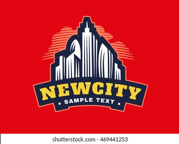 Logo emblem skyscrapers on red background