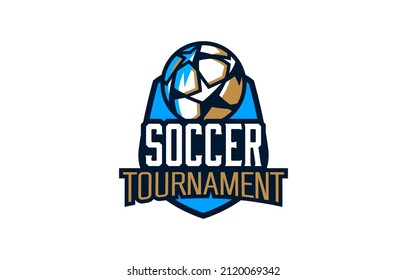 Logo, emblem of the soccer tournament. Colorful emblem of the championship with the ball on the background of the shield. Soccer football championship logo template. Isolated vector illustration