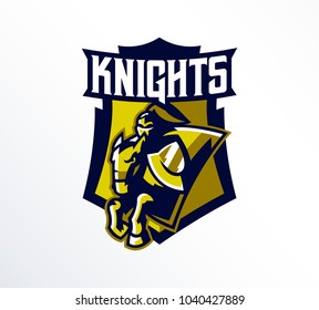 Logo, emblem, sticker, badge of a knight galloping on a horse. A warrior in iron armor, a swordsman, a crusader, a hero, a mascot, a stallion, a shield. T-shirt printing, vector illustration