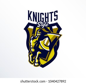 Logo, emblem, sticker, badge of a knight galloping on a horse. A warrior in iron armor, a swordsman, a crusader, a hero, a mascot, a stallion, a shield. T-shirt printing, vector illustration