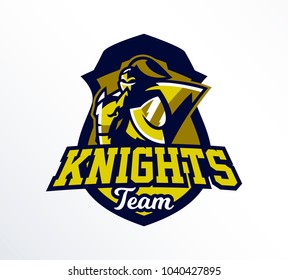 Logo, emblem, sticker, badge of a knight galloping on a horse. A warrior in iron armor, a swordsman, a crusader, a hero, a mascot, a stallion, a shield. T-shirt printing, vector illustration