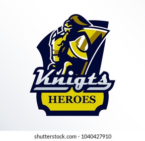 Logo, emblem, sticker, badge of a knight galloping on a horse. A warrior in iron armor, a swordsman, a crusader, a hero, a mascot, a stallion, a shield. T-shirt printing, vector illustration