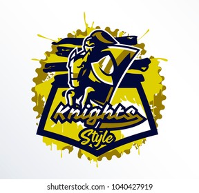 Logo, emblem, sticker, badge of a knight galloping on a horse. A warrior in iron armor, a swordsman, a crusader, a hero, a mascot, a stallion, a shield. T-shirt printing, vector illustration