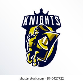 Logo, emblem, sticker, badge of a knight galloping on a horse. A warrior in iron armor, a swordsman, a crusader, a hero, a mascot, a stallion, a shield. T-shirt printing, vector illustration