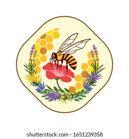 Logo, emblem, sticker for beekeeping, honey production, bee business, selling honey. A flying bee  that processes flower juices into honey. Template with honeycomb, bee, flowers.  Vector illustration.