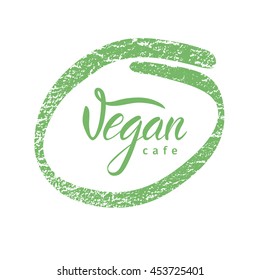 Logo, emblem, sticker. Vegan Cafe. Green. Calligraphy. Lettering