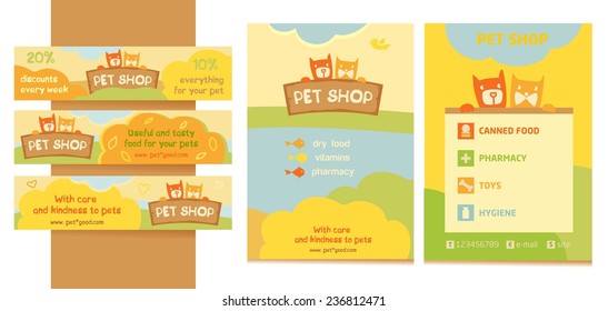 Logo, emblem store for cats and dogs. Cartoon illustration. Editable. A series of banners, flyers for advertising. Promotional kit for pet store