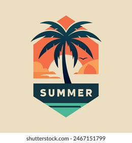 Logo Emblem Summer Coconut Trees with Sunset for your design logo, community