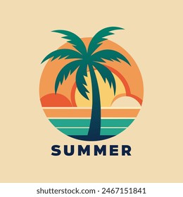 Logo Emblem Summer Coconut Trees with Sunset for your design logo, community