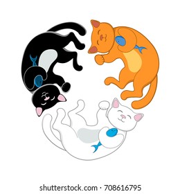 Logo, emblem with three cats, black, red and white, forming a circle, isolated cartoon vector illustration. Three cute, funny cats forming a circle, concept f variety, diversity