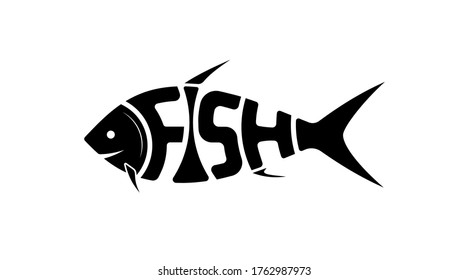 The logo or emblem of the word fish in the shape of fish. Black on white. It is floating to the left