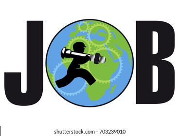A logo for the employment of workers working in the world. 
The O of the word JOB is replaced by the planet earth with in superimposition a gear and a silhouette of a worker.