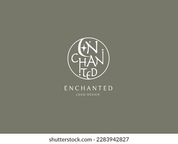 Logo 'Enchanted'.Bohemian and luxury elegant style,Magic,Fairy tail,Flower and Beauty on Earth tone background