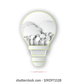 Logo of environmental protection with lightbulb and trees. Ecology concept. Vector illustration.