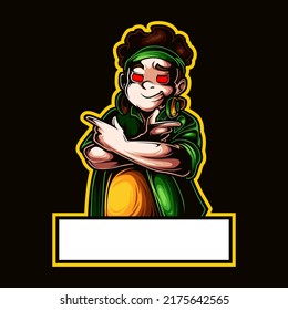 logo esport Boy smile expression with headband and headphone. logo vector character boy for gaming. theme green yellow jacket color costume character.