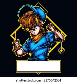 logo esport Boy spirit expression with boxing and hat. logo vector character Children for gaming. theme blue color costume character.