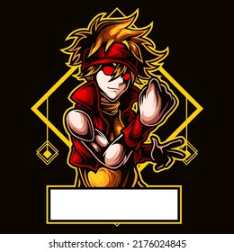 logo esport character angry expression with headband. logo vector character boy for gaming. theme red costume character.