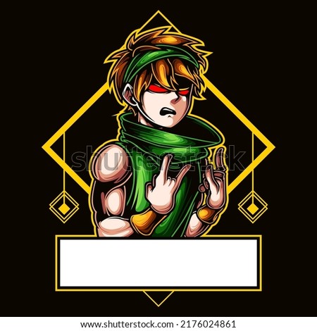 logo esport character angry expression with headband and metal. logo vector character boy for gaming. theme green yellow costume character. Logo gaming for team squad.